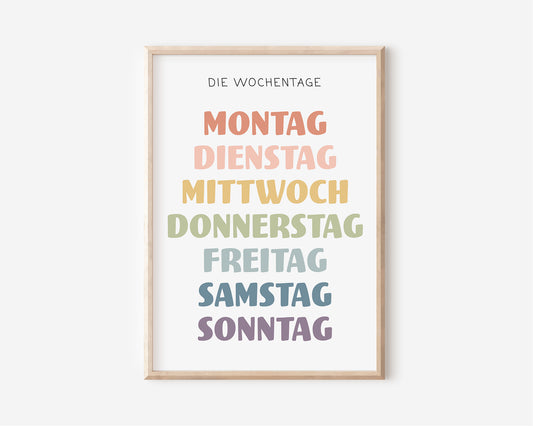 Die Wochentage Lernposter in A4 & A3 fürs Kinderzimmer